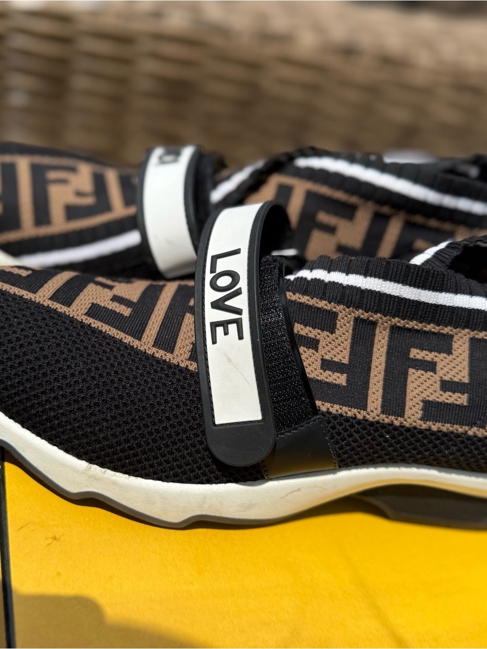 Fendi Black Brown Logo Knit Slip-On Sneakers with 'FENDI' 'LOVE' Straps Size 39 - Picture 3 of 6